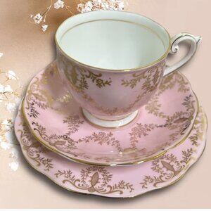 Vintage Queen Anne Pink Golden Scrolling 3pc Tea Cup and Saucer with Small Plate